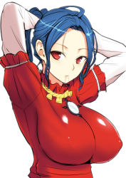 Rule 34 | 1girl, adjusting hair, arms behind head, arms up, blue hair, blush, breasts, commentary request, diisuke, covered erect nipples, juliet sleeves, large breasts, long sleeves, looking at viewer, mirror, mouth hold, puffy sleeves, red eyes, red shirt, rope, shirt, solo, string, touhou, tying hair, upper body, white background, yasaka kanako