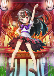 Rule 34 | 1girl, :p, alternate hair length, alternate hairstyle, bare legs, black hair, building, dress, grey horns, hand on own hip, hand up, horns, interlaken, kijin seija, long hair, multicolored hair, red eyes, sandals, tongue, tongue out, touhou