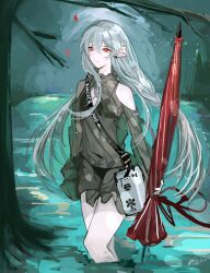 Rule 34 | 1girl, absurdres, arknights, bag, bikini, black bikini, black shirt, breasts, closed umbrella, clothing cutout, colored skin, dated, flower, grey hair, hair between eyes, highres, holding, holding umbrella, long hair, official alternate costume, pointy ears, red eyes, see-through, see-through shirt, shirt, shoulder bag, shoulder cutout, signature, single bare shoulder, small breasts, solo, stomach, swimsuit, umbrella, very long hair, wading, warfarin (arknights), warfarin (casual vacation) (arknights), water, white flower, white skin, yuki flourish