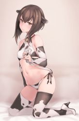 Rule 34 | 1girl, animal ears, animal print, artist name, bell, bikini, blush, brown eyes, brown hair, closed mouth, collarbone, cow ears, cow print, cow tail, cowbell, cowboy shot, dated, flat chest, grey background, hair between eyes, high heels, highres, holding, holding tail, kantai collection, kneeling, revision, rokuwata tomoe, short hair, side-tie bikini bottom, signature, simple background, solo, swimsuit, taihou (kancolle), tail, thighhighs, twitter username