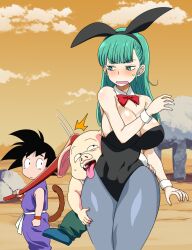 Rule 34 | 1girl, 2boys, age difference, alternate costume, animal ears, ass grab, black leotard, blush, breasts, bulma, cleavage, curtains, curvy, detached collar, dragon ball, embarrassed, fake animal ears, fake tail, grabbing another&#039;s ass, groping, hetero, highleg, highleg leotard, large breasts, leotard, looking at another, moaning, multiple boys, official alternate costume, oolong, open mouth, osuwaani, outdoors, pervert, playboy bunny, rabbit ears, rabbit tail, shiny clothes, shiny skin, sky, son goku, sweat, sweatdrop, tail, teenage girl and younger boy, tongue, tongue out, trembling, wide hips