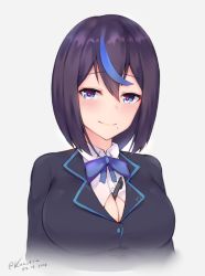 Rule 34 | 1girl, between breasts, blue bow, blue bowtie, blue eyes, blush, bow, bowtie, breasts, cleavage, closed mouth, collared shirt, dated, dress shirt, grey background, hair between eyes, heart, heart-shaped pupils, jacket, kuavera, large breasts, looking at viewer, miyako (kuavera), mole, mole under eye, multicolored hair, original, pen, purple hair, purple jacket, shirt, short hair, signature, simple background, smile, solo, streaked hair, symbol-shaped pupils, twitter username, upper body, white shirt, wing collar