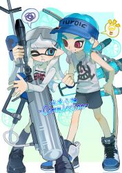 Rule 34 | 1boy, 1girl, :o, aqua hair, black footwear, black shorts, blue background, blue eyes, blue footwear, blue hair, blue headwear, blunt bangs, blush, border, bow (weapon), colored tongue, commentary, commission, corrupted twitter file, e-liter 4k (splatoon), english commentary, eyebrow cut, eyewear on head, fang, gradient background, gradient hair, green background, grey socks, grin, gun, hair behind ear, hair ornament, hairclip, hat, high tops, highres, holding, holding gun, holding weapon, inkling, inkling girl, inkling player character, light bulb, loafers, long hair, long sleeves, looking at another, medium hair, multicolored hair, nintendo, octoling, octoling boy, octoling player character, one eye closed, open mouth, outside border, p-pepper, pointy ears, print shirt, red eyes, shirt, shoelaces, shoes, short eyebrows, short shorts, shorts, simple background, smile, sneakers, socks, speech bubble, splatoon (series), spoken light bulb, spoken squiggle, squiggle, standing, suction cups, tank top, tentacle hair, thick eyebrows, tri-stringer (splatoon), visor cap, weapon, white border, white footwear, white hair, white shirt, white tank top, white tongue