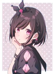Rule 34 | 1girl, artist name, black bow, bob cut, border, bow, bracelet, braid, brown hair, commentary, hanako151, hand up, highres, jewelry, looking at viewer, official alternate costume, outside border, parted lips, pink eyes, project sekai, shinonome ena, short hair, single braid, solo, upper body, white border