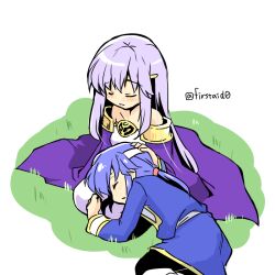 Rule 34 | 1boy, 1girl, blue hair, brother and sister, cape, closed eyes, commentary request, dress, fire emblem, fire emblem: genealogy of the holy war, headband, julia (fire emblem), lap pillow, long hair, nintendo, open mouth, ponytail, purple cape, seliph (fire emblem), siblings, simple background, sleeping, sleeping on person, white headband, yukia (firstaid0)