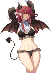 Rule 34 | 1girl, :d, absurdres, arm above head, arm behind head, arms up, bangom r, black bra, black panties, bra, breasts, cosplay, demon girl, demon tail, fangs, feet out of frame, highres, kitagawa marin, large breasts, looking at viewer, midriff, navel, open mouth, panties, pointy ears, red eyes, red hair, rizu-kyun, rizu-kyun (cosplay), shrug (clothing), simple background, smile, solo, sono bisque doll wa koi wo suru, stomach, tail, thighs, underwear, underwear only, v, white background