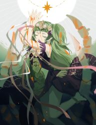 Rule 34 | 1girl, arms up, barefoot, dress, closed eyes, feet, fire emblem, fire emblem: three houses, green hair, hair ornament, hands up, highres, long hair, nintendo, paint, purple dress, ribbon, simple background, solo, sothis (fire emblem), tiara