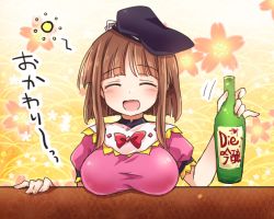 Rule 34 | 1girl, ^ ^, alcohol, black hat, bow, breasts, brown hair, closed eyes, dress, drunk, floral background, happy, hat, large breasts, nishida satono, open mouth, pink dress, pote (ptkan), short hair with long locks, short sleeves, sidelocks, solo, touhou, upper body