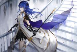 Rule 34 | 1girl, arknights, black gloves, blue eyes, blue hair, breasts, cape, commentary request, dress, feet out of frame, gloves, hair between eyes, highres, holding, holding staff, horns, long hair, looking at viewer, medium breasts, meng ziya, mostima (arknights), mostima (spellbreaker) (arknights), official alternate costume, partial commentary, railing, smile, solo, staff, stairs, standing, white dress