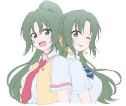 Rule 34 | 2girls, back-to-back, bow, bowtie, breasts, commentary request, green eyes, green hair, hair between eyes, higurashi no naku koro ni, long hair, looking at viewer, mugisawa (kmh0d), multiple girls, one eye closed, open mouth, ponytail, red neckwear, shirt, siblings, sisters, sonozaki mion, sonozaki shion, striped bow, striped bowtie, striped clothes, striped neckwear, tongue, tongue out, twins, upper body, vest, white shirt, yellow vest