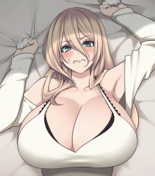 Rule 34 | 1girl, armpits, bare shoulders, bed sheet, blonde hair, blue eyes, blush, breasts, cleavage, commentary request, highres, huge breasts, hz (666v), long hair, looking at viewer, original, sheet grab, solo, tears, upper body
