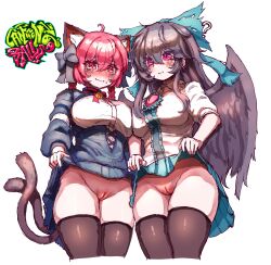 Rule 34 | 2girls, ?, absurdres, ahoge, animal ears, black bow, black hair, black thighhighs, black wings, blush, bow, bowtie, breasts, cat ears, cat girl, cat tail, cleft of venus, closed mouth, clothes lift, commentary, commission, cross-laced clothes, english commentary, green bow, green skirt, hair bow, highres, kaenbyou rin, lifting own clothes, long hair, long sleeves, multiple girls, multiple tails, nekomata, pussy, rampa93, red bow, red bowtie, red eyes, reiuji utsuho, short hair, simple background, skirt, skirt lift, sweat, tail, thighhighs, third eye, touhou, two tails, variant set, white background, wings