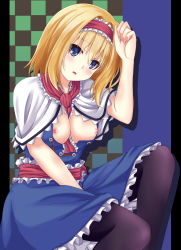 Rule 34 | 1girl, alice margatroid, between breasts, black pantyhose, blonde hair, blue dress, blue eyes, breasts, breasts out, capelet, center opening, dress, frills, hairband, highres, large breasts, lolita hairband, looking at viewer, nipples, open clothes, oubou, pantyhose, parted lips, sash, short hair, solo, tatsuya (guild plus), touhou