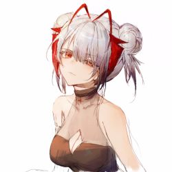 Rule 34 | 1girl, antennae, arknights, bare arms, bare shoulders, black dress, breasts, cleavage, cleavage cutout, clothing cutout, collarbone, commentary request, double bun, dress, grey hair, hair bun, horns, looking at viewer, qinglai haiji, red eyes, red horns, simple background, sketch, sleeveless, sleeveless dress, smug, solo, upper body, w (arknights), white background