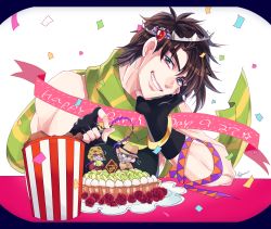 Rule 34 | 3boys, battle tendency, brown hair, bucket of chicken, cake, chicken (food), confetti, diamond wa kudakenai, fingerless gloves, food, fried chicken, gloves, green eyes, green scarf, happy birthday, hermit purple, highres, jojo no kimyou na bouken, joseph joestar, joseph joestar (old), joseph joestar (young), kogatarou, male focus, mini person, miniboy, multicolored clothes, multicolored scarf, multiple boys, multiple persona, old, old man, pie, plant, red stone of aja, ribbon, scarf, solo, stand (jojo), stardust crusaders, striped clothes, striped scarf, thorns, triangle print, vines, yellow scarf