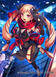 Rule 34 | 1girl, alternate costume, blonde hair, elise (fire emblem), fire emblem, fire emblem cipher, fire emblem fates, flat chest, full body, full moon, hair ribbon, intelligent systems, looking at viewer, moon, naaamo, night, night sky, ninja, nintendo, no socks, outdoors, petals, purple eyes, red scarf, ribbon, rooftop, sandals, scarf, shuriken, sky, solo, tabi, twintails, weapon