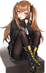 Rule 34 | 1girl, black footwear, blush, boots, breasts, brown hair, cross-laced footwear, crossed ankles, crotch seam, fingerless gloves, food, girls&#039; frontline, gloves, hair between eyes, hair ornament, hairclip, hand on own cheek, hand on own face, highres, hood, hood down, hooded jacket, jacket, kinsenka momi, lace-up boots, long hair, looking at viewer, medium breasts, panties, panties under pantyhose, pantyhose, pocky, pocky kiss, red eyes, ribbon, scar, scar across eye, scar on face, shared food, shirt, sidelocks, sitting, skirt, smile, solo, thighband pantyhose, twintails, ump9 (girls&#039; frontline), underwear, white panties, white shirt