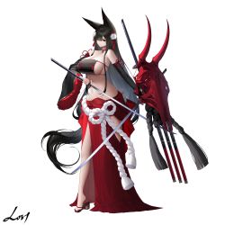Rule 34 | 1girl, absurdres, an yasuri, animal ears, banned artist, bikini, black hair, black tail, breasts, cleavage, feet, flower, fox ears, fox girl, full body, hair flower, hair ornament, hair over one eye, highres, holding, holding sword, holding weapon, katana, large breasts, legs, looking at viewer, navel, original, red bikini, red eyes, rope, shoes, signature, simple background, solo, standing, swimsuit, sword, thighs, weapon, white background