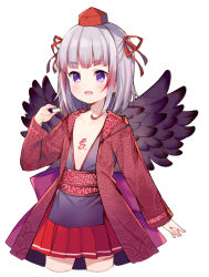 Rule 34 | 1girl, black wings, brown jacket, commentary request, copyright request, cowboy shot, cropped legs, feathered wings, hair ribbon, hand up, hat, holding, indie virtual youtuber, jacket, karakusa (pattern), long sleeves, meito (maze), mini hat, multicolored hair, obi, open clothes, open jacket, open mouth, pleated skirt, purple eyes, red hair, red hat, red ribbon, red skirt, ribbon, sash, seigaiha, silver hair, simple background, skirt, sleeves past wrists, solo, streaked hair, tokin hat, virtual youtuber, white background, wings