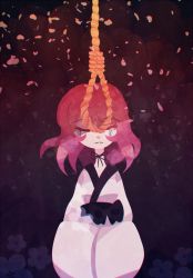 Rule 34 | 1girl, choker, chromatic aberration, closed eyes, commentary, crying, floral background, floral print, flower, gradient background, heart, japanese clothes, kimono, long hair, no headwear, noose, obi, own hands together, petals, phantasmic, pink hair, ribbon choker, sad, saigyouji yuyuko, saigyouji yuyuko (living), sash, solo, suicide, tears, touhou