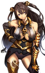 Rule 34 | 1girl, armor, armored dress, bare shoulders, black gloves, black thighhighs, blush, breasts, brown hair, clothing cutout, contrapposto, cowboy shot, elbow gloves, gloves, hair between eyes, hair ornament, hand on own hip, highres, kisaragi tsurugi, large breasts, long hair, looking at viewer, original, purple eyes, sidelocks, simple background, smile, solo, thighhighs, two side up, underboob cutout, very long hair, white background