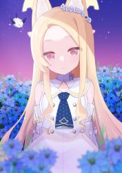Rule 34 | animal ears, bird, blonde hair, blue archive, cruciform halo, dress, fox ears, halo, highres, mugenmarine, necktie, parted bangs, seia (blue archive), short necktie, sleeveless, sleeveless dress, white bird, white dress, yellow eyes