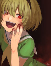 Rule 34 | 1girl, :d, absurdres, black hairband, blonde hair, blood, blood on face, blood on hands, bob cut, commentary, dress, emoriza, eyes visible through hair, fangs, green dress, hairband, hand on own cheek, hand on own face, highres, higurashi no naku koro ni, houjou satoko, looking at viewer, neckerchief, open mouth, puffy short sleeves, puffy sleeves, red background, red eyes, sailor collar, short hair, short sleeves, signature, smile, solo, teeth, upper body, upper teeth only, white sailor collar, yellow neckerchief