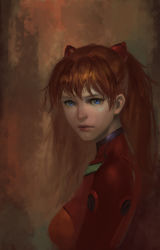 Rule 34 | 1girl, absurdres, blue eyes, bodysuit, breasts, brown background, brown hair, closed mouth, expressionless, from side, headgear, highres, lips, long hair, looking at viewer, looking back, medium breasts, midfinger, neon genesis evangelion, nose, orange hair, pilot suit, plugsuit, realistic, red bodysuit, signature, simple background, solo, souryuu asuka langley, turtleneck, upper body