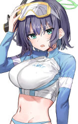 Rule 34 | 1girl, :o, absurdres, blue archive, breasts, green eyes, groin, haruyuki (gffewuoutgblubh), highres, large breasts, long sleeves, looking at viewer, navel, purple hair, raglan sleeves, rash guard, saki (blue archive), saki (swimsuit) (blue archive), short hair, simple background, solo, stomach, swim goggles, water drop, white background