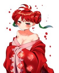 Rule 34 | 1girl, antenna hair, blush, braid, braided bun, breasts, cleavage, closed mouth, cookie run, double bun, gem, hair bun, hair ornament, highres, humanization, japanese clothes, kimautomne, kimono, large breasts, leaf hair ornament, looking at viewer, medium breasts, personification, pomegranate cookie, red eyes, red gemstone, red hair, red kimono, short hair, skirt, solo, wide sleeves