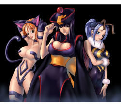 Rule 34 | 3girls, :p, animal ears, animal hands, antennae, armpits, arms behind head, arthropod girl, bee girl, black hair, blue eyes, blue hair, blush, breasts, brown eyes, capcom, cat ears, cat girl, cat tail, china dress, chinese clothes, cleavage, cleavage cutout, clothing cutout, cosplay, crossover, dress, embarrassed, felicia (cosplay), felicia (vampire), female focus, fur, grin, hairband, hat, insect girl, jiangshi, kagami hirotaka, large breasts, lei lei, lei lei (cosplay), lineup, long hair, monster girl, multiple girls, nami (one piece), naughty face, navel, nefertari vivi, nico robin, ofuda, one piece, orange hair, pantyhose, ponytail, q-bee, q-bee (cosplay), qingdai guanmao, short hair, sleeveless, smile, tail, tongue, tongue out, turtleneck, vampire (game), wings