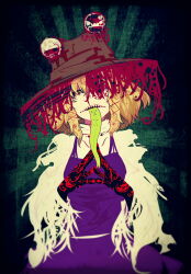 Rule 34 | 1girl, absurdres, black sclera, blonde hair, blood, blood on clothes, blood on face, blood splatter, blood stain, bow, brown headwear, colored sclera, colored skin, colored tongue, extra eyes, green background, green tongue, hair bow, hat, hat ornament, highres, looking at viewer, medium hair, moriya suwako, one eye covered, open mouth, purple skirt, purple vest, red bow, sharp teeth, shirt, skirt, tabazi, teeth, tongue, tongue out, torn clothes, torn shirt, torn sleeves, touhou, turtleneck, upper teeth only, vest, white shirt, yellow eyes