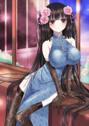 Rule 34 | 1girl, absurdly long hair, arm support, bare shoulders, black hair, blush, breasts, china dress, chinese clothes, collarbone, dress, elbow gloves, fishnets, flower, gloves, hair flower, hair ornament, hime cut, hiroharu, huge breasts, itsumoto hiroharu, leaning forward, long hair, original, panties, shadow, shirt, side-tie panties, side slit, sitting, solo, taut clothes, taut shirt, thighhighs, underwear, very long hair