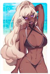 Rule 34 | 1girl, abs, absurdres, arm behind head, bikini, breasts, chai (maplekeurig), character name, commentary, cowboy shot, dark-skinned female, dark skin, earrings, english commentary, highres, jewelry, large breasts, looking at viewer, maplekeurig, mole, mole under mouth, navel, open mouth, original, ponytail, purple eyes, solo, swimsuit, teeth, toned, tongue