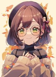 Rule 34 | 1girl, :&gt;, autumn, autumn leaves, beret, black hat, black nails, black shirt, blush, bob cut, brown hair, brown nails, brown sweater, chiro (chi-bu-ko), commentary request, glasses, green eyes, hands on own chest, hat, hat ribbon, highres, looking at viewer, multicolored nails, nail polish, off-shoulder sweater, off shoulder, original, red ribbon, ribbon, shirt, simple background, smile, solo, sweater, upper body, yellow background
