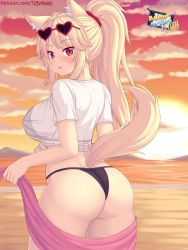 Rule 34 | 1girl, animal ear fluff, animal ears, ass, bikini, black bikini, blonde hair, blush, breasts, cat ears, cat girl, cat tail, commentary, eyewear on head, from behind, highres, large breasts, long hair, looking at viewer, looking back, nottytiffy, original, outdoors, parted lips, ponytail, red eyes, see-through, shirt, short sleeves, slit pupils, solo, sunset, swimsuit, tail, thighs, water, white shirt