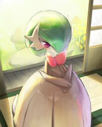 Rule 34 | bob cut, colored skin, creatures (company), dress, elbow gloves, fox heart, game freak, gardevoir, gen 3 pokemon, gloves, green hair, hair over one eye, highres, mega gardevoir, mega pokemon, nintendo, pink eyes, pokemon, pokemon (creature), shouji, sliding doors, smile, v arms, white dress, white gloves, white skin