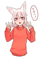 Rule 34 | 1girl, animal ear fluff, animal ears, commentary request, cropped torso, facial mark, finger counting, hair between eyes, hands up, long sleeves, looking at viewer, open mouth, original, puffy long sleeves, puffy sleeves, red eyes, red sweater, shako (syakoba3), simple background, sleeves past wrists, solo, sweater, translation request, turtleneck, turtleneck sweater, upper body, white background, white hair