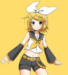 Rule 34 | 1girl, arm tattoo, arms at sides, bare shoulders, belt, blonde hair, blue eyes, blush, bow, collarbone, crop top, detached sleeves, hair bow, hair ornament, hairclip, headphones, headset, kagamine rin, looking at viewer, midriff, navel, sailor collar, shirt, short hair, shorts, sleeveless, sleeveless shirt, smile, solo, sudachi (calendar), tattoo, treble clef, vocaloid, yellow background