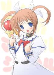 Rule 34 | 00s, 1girl, blue eyes, blush, bow, brown hair, head tilt, looking at viewer, lyrical nanoha, magical girl, mahou shoujo lyrical nanoha, purple eyes, raising heart, raising heart (device mode), red bow, red hair, solo, takamachi nanoha, takamachi nanoha (original mode), tsuchinoko. (froufrou), twintails