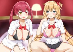 Rule 34 | 2girls, :d, :q, akai haato, bad id, bad twitter id, bikini, bikini under clothes, blonde hair, blue eyes, blush, bow, bowtie, breasts, cleavage, hair ornament, heart, heart hair ornament, heterochromia, highres, hololive, houshou marine, kouduma hero, lamp, large breasts, long hair, looking at viewer, multiple girls, one side up, open clothes, open mouth, open shirt, panties, red eyes, red hair, skirt, smile, swimsuit, tongue, tongue out, twintails, unbuttoned, unbuttoned shirt, underwear, virtual youtuber, yellow eyes