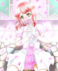 Rule 34 | 1girl, artist name, artist request, awakening promise (love live!), bare legs, belt, blush, bow, braid, braided bun, breasts, cleavage, collarbone, dress, dress bow, earrings, female focus, flower, frilled dress, frilled skirt, frills, gloves, green eyes, hair bun, hair flower, hair ornament, highres, holding, holding flower, jewelry, kneeling, looking at viewer, love live!, love live! nijigasaki high school idol club, love live! school idol festival, miniskirt, necklace, orange hair, outdoors, parted lips, pearl earrings, pearl necklace, petal in mouth, petals, pink belt, pink bow, pink dress, pink flower, pink petals, pink skirt, pink wrist cuffs, plaid, plaid dress, plaid skirt, pleated, pleated dress, pleated skirt, puffy short sleeves, puffy sleeves, red hair, short hair, short sleeves, side bun, single side bun, sitting, skirt, skirt under dress, smile, solo, two-tone dress, uehara ayumu, white dress, white gloves, wrist cuffs, yellow eyes, yellow skirt