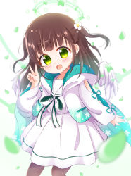 Rule 34 | 1girl, :d, araki495, blush, brown hair, brown pantyhose, commentary request, dress, feathered wings, flower, gochuumon wa usagi desu ka?, green eyes, green flower, hair flower, hair ornament, halo, hand up, highres, hood, hood down, hooded jacket, jacket, long hair, long sleeves, open clothes, open jacket, open mouth, pantyhose, petals, revision, sailor collar, sleeves past wrists, smile, solo, two side up, ujimatsu chiya, v, white background, white dress, white flower, white jacket, white sailor collar, white wings, wings