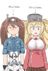 Rule 34 | 0 0, 2girls, belt, black gloves, blonde hair, breast envy, breast pocket, breasts, brown hair, brown skirt, comparison, cosplay, costume switch, cowboy shot, enjaku izuku, flat chest, gambier bay (kancolle), gambier bay (kancolle) (cosplay), gloves, hair between eyes, hair ornament, highres, japanese clothes, kantai collection, kariginu, large breasts, long hair, looking at viewer, magatama, multiple girls, open mouth, oversized clothes, oversized shirt, pocket, red shirt, ryuujou (kancolle) (cosplay), ryuujou (kancolle), shirt, short sleeves, simple background, skirt, standing, twintails, visor cap, white background