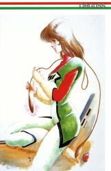 Rule 34 | 1980s (style), 1girl, bodysuit, boots, brown hair, choujikuu seiki orguss, emaan, fingerless gloves, gloves, highres, hover bike, kneeling, mikimoto haruhiko, mimsy raas, mullet, mutant, official art, official style, retro artstyle, orguss, pilot, pilot suit, prehensile hair, production art, retro artstyle, scan, science fiction, simple background, sitting, sketch, solo, traditional media, uniform
