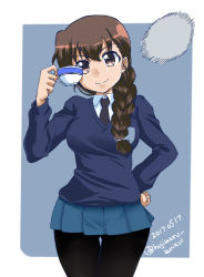 Rule 34 | 1girl, ball, black necktie, black pantyhose, blue background, blue skirt, blue sweater, braid, brown eyes, brown hair, closed mouth, commentary, cowboy shot, cup, dated, dress shirt, emblem, female focus, fujimaru arikui, girls und panzer, hair over shoulder, hair tie, hand on own hip, holding, holding cup, long hair, long sleeves, looking at viewer, miniskirt, motion blur, necktie, one-hour drawing challenge, outside border, pantyhose, pleated skirt, rounded corners, rukuriri (girls und panzer), school uniform, shirt, single braid, skirt, smile, solo, st. gloriana&#039;s school uniform, standing, sweater, teacup, thigh gap, twitter username, v-neck, volleyball (object), white shirt, wing collar