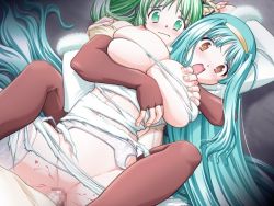 Rule 34 | artist request, blood, blue hair, blush, breasts, brown eyes, censored, character request, chika (christmas present), christmas present (ali soft), green eyes, green hair, huge breasts, penis, pussy, sex, torn clothes, defloration