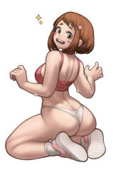 Rule 34 | 1girl, absurdres, ass, back, bare shoulders, blush stickers, bob cut, boku no hero academia, breasts, brown eyes, brown hair, commentary, dimples of venus, food-themed hair ornament, from behind, full body, hair ornament, hairclip, hands up, highres, lentiyay, looking at viewer, looking back, medium breasts, medium hair, nike (company), open mouth, panties, pink sports bra, seiza, shoes, short bangs, short eyebrows, sideboob, simple background, sitting, smile, sneakers, socks, solo, sparkle, sports bra, strawberry hair ornament, symbol-only commentary, thick eyebrows, thong, turning head, underwear, uraraka ochako, w arms, white background, white panties, white socks