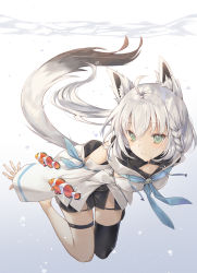 Rule 34 | 1girl, ahoge, animal ear fluff, animal ears, barefoot, black shorts, black thighhighs, blush, braid, breasts, bubble, cha chya, closed mouth, clownfish, commentary, detached sleeves, earrings, fish, fox ears, fox tail, full body, green eyes, hair between eyes, highres, hololive, hood, hoodie, jewelry, long hair, looking at viewer, medium breasts, ponytail, shirakami fubuki, shirakami fubuki (1st costume), short shorts, shorts, side braid, side slit, sideboob, silver hair, simple background, single thighhigh, smile, solo, tail, thigh strap, thighhighs, tropical fish, underwater, virtual youtuber, white background, white hoodie