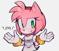 1girl amy_rose baichuum furry furry_female gloves green_eyes grey_background highres looking_at_viewer maplemersh26 shirt shrugging simple_background smile solo sonic_(series) white_gloves white_shirt